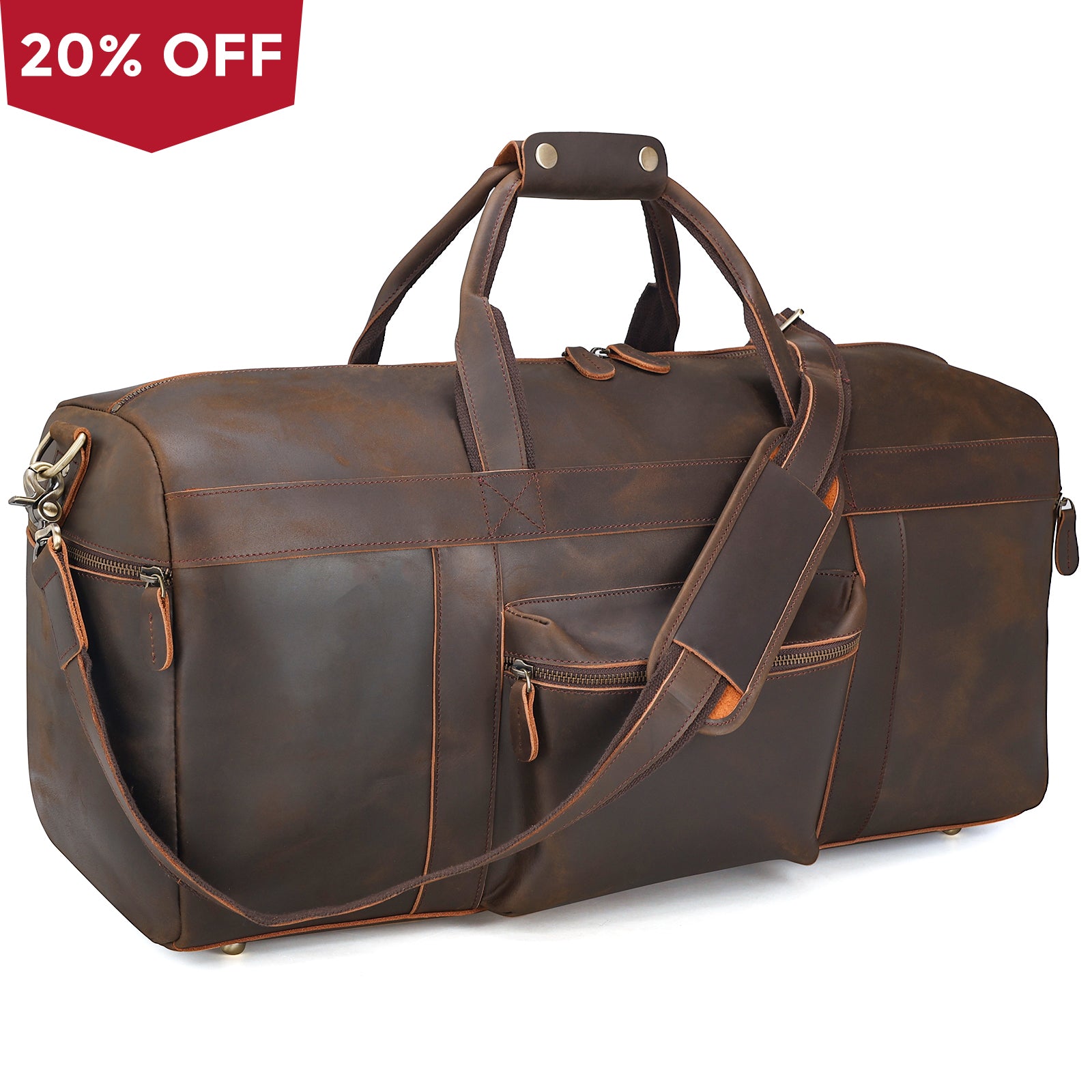 Polare 23'' Vintage Full Grain Cowhide Leather Weekender Duffle Bag  Overnight Travel Carry on Duffel Bag For Men