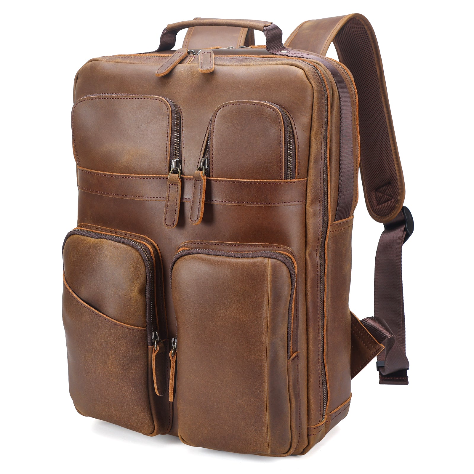 Polare 17.3 inch Full Grain Leather Backpack for Men Multi Pockets Business Travel Laptop Rucksack Brown