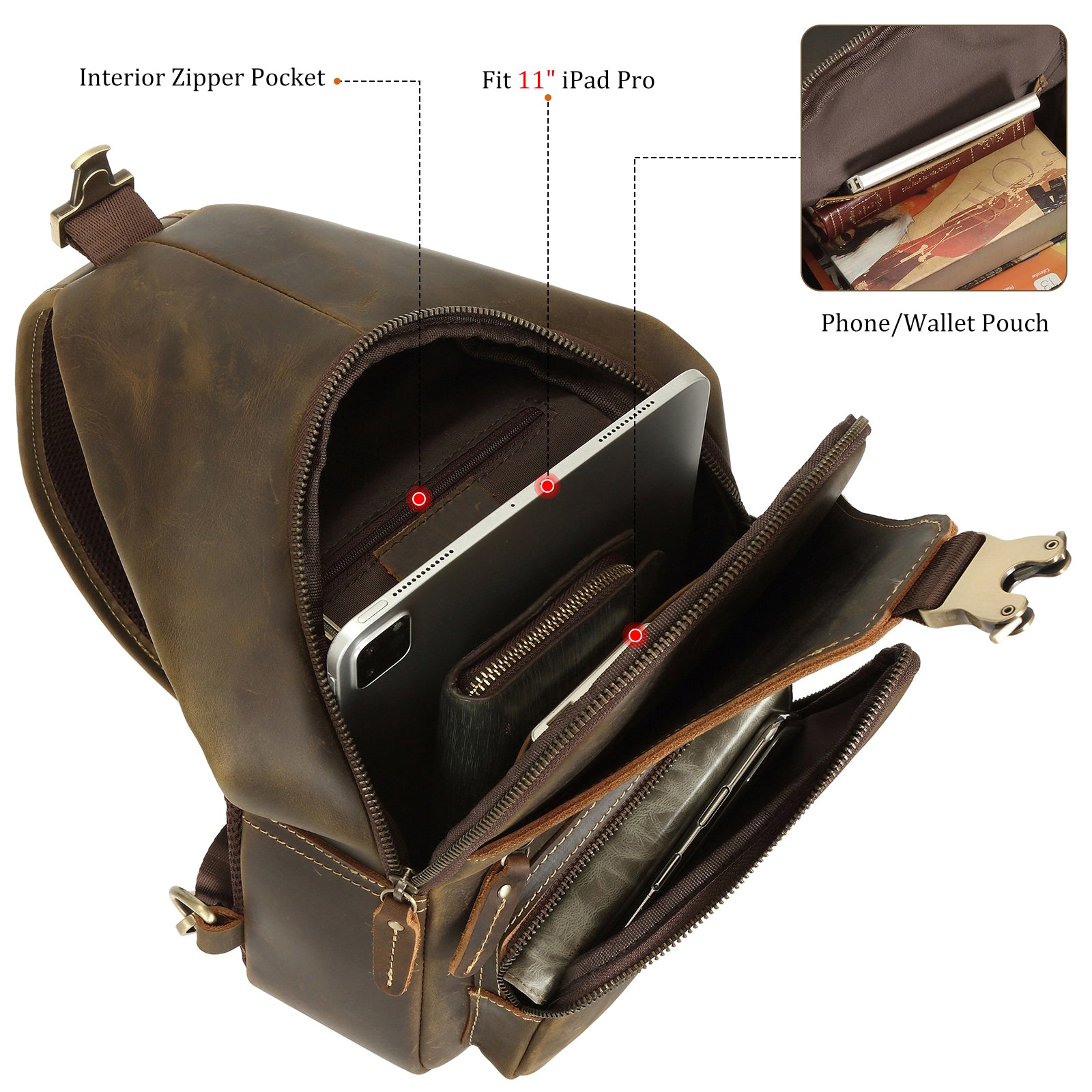 Polare Cowhide Leather Sling Chest Shoulder Bag Waterproof Anti Theft