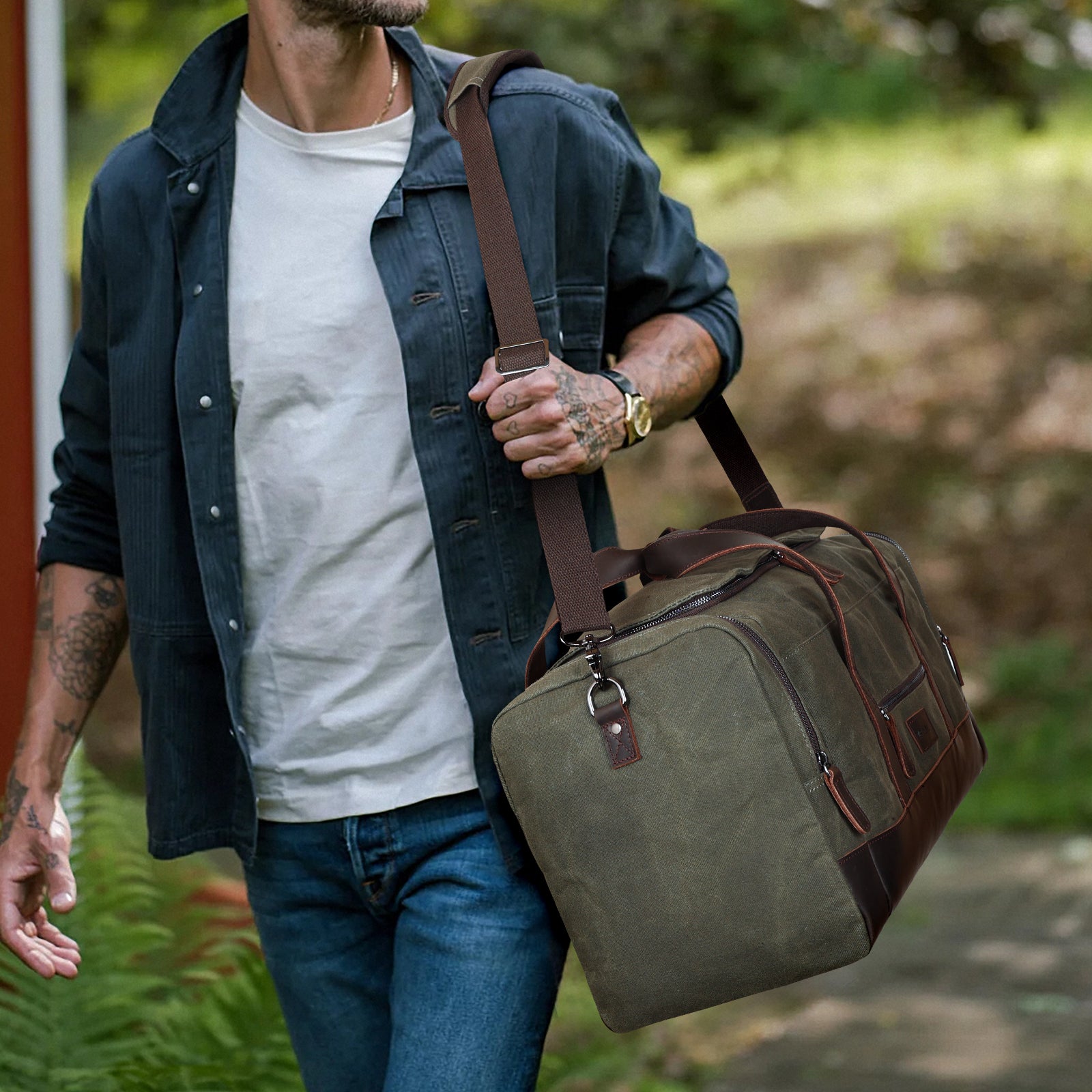 Men's canvas and leather duffle bag best sale