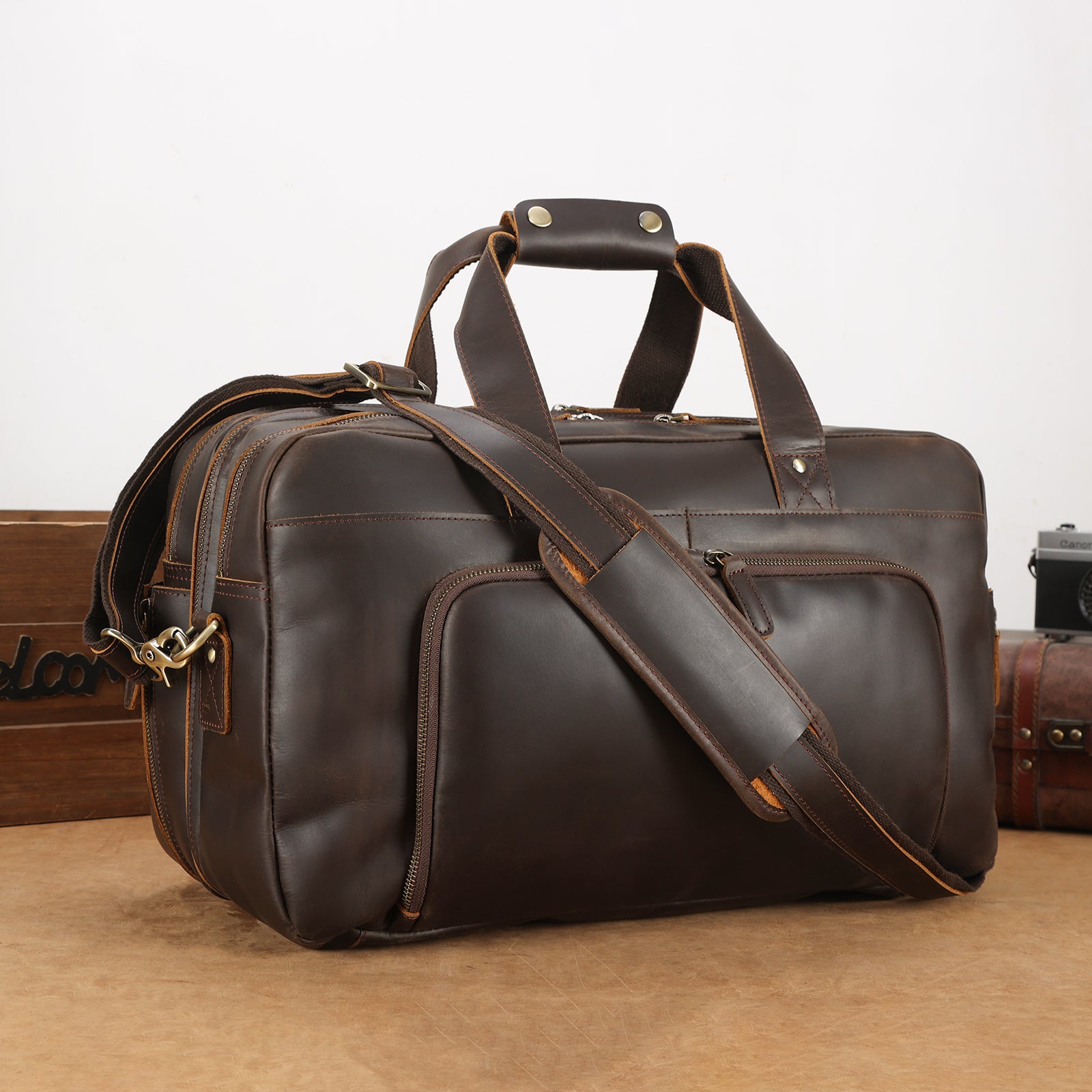 18.5" Full Grain Leather Duffel Bag Airline Approved Item Luggage Suitcase ( Scenario Shows)