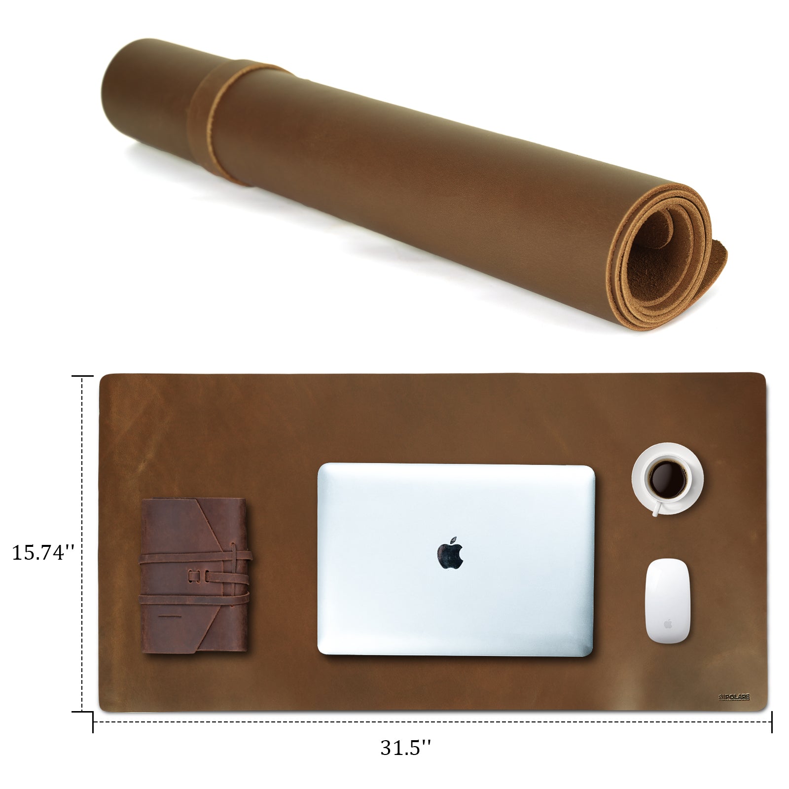 Polare 2mm Thick Large Full Grain Leather Desk Pad Protector (Brown,Dimension)