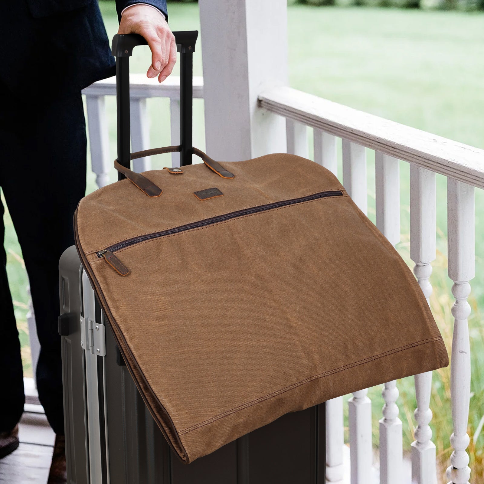 Full Grain Leather Trim Waxed Canvas Carry On Garment Bag (Model Display)