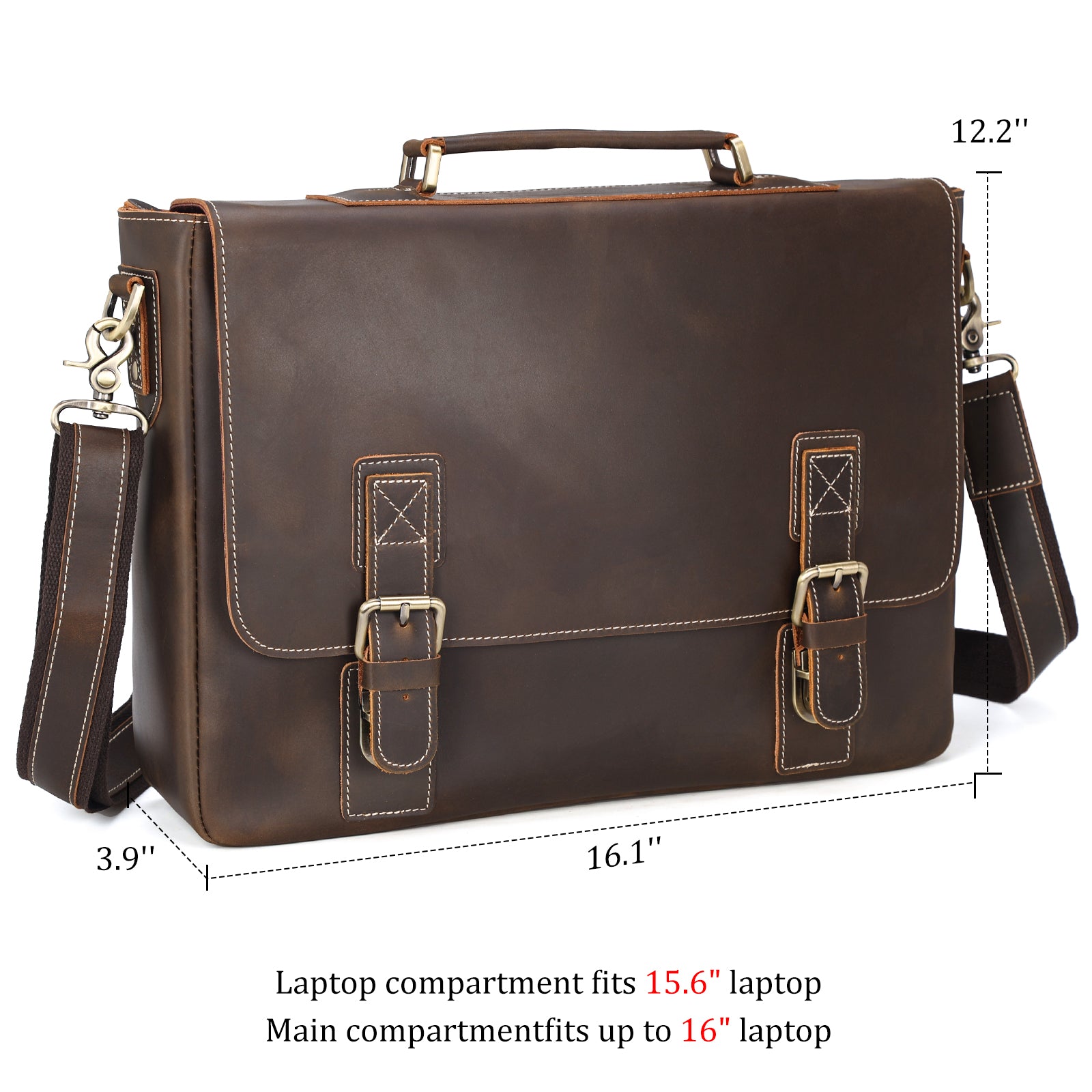 Polare Vintage Full Grain Leather Tote Briefcase Professional 16 Laptop Shoulder Messenger Bag with YKK Metal Zippers