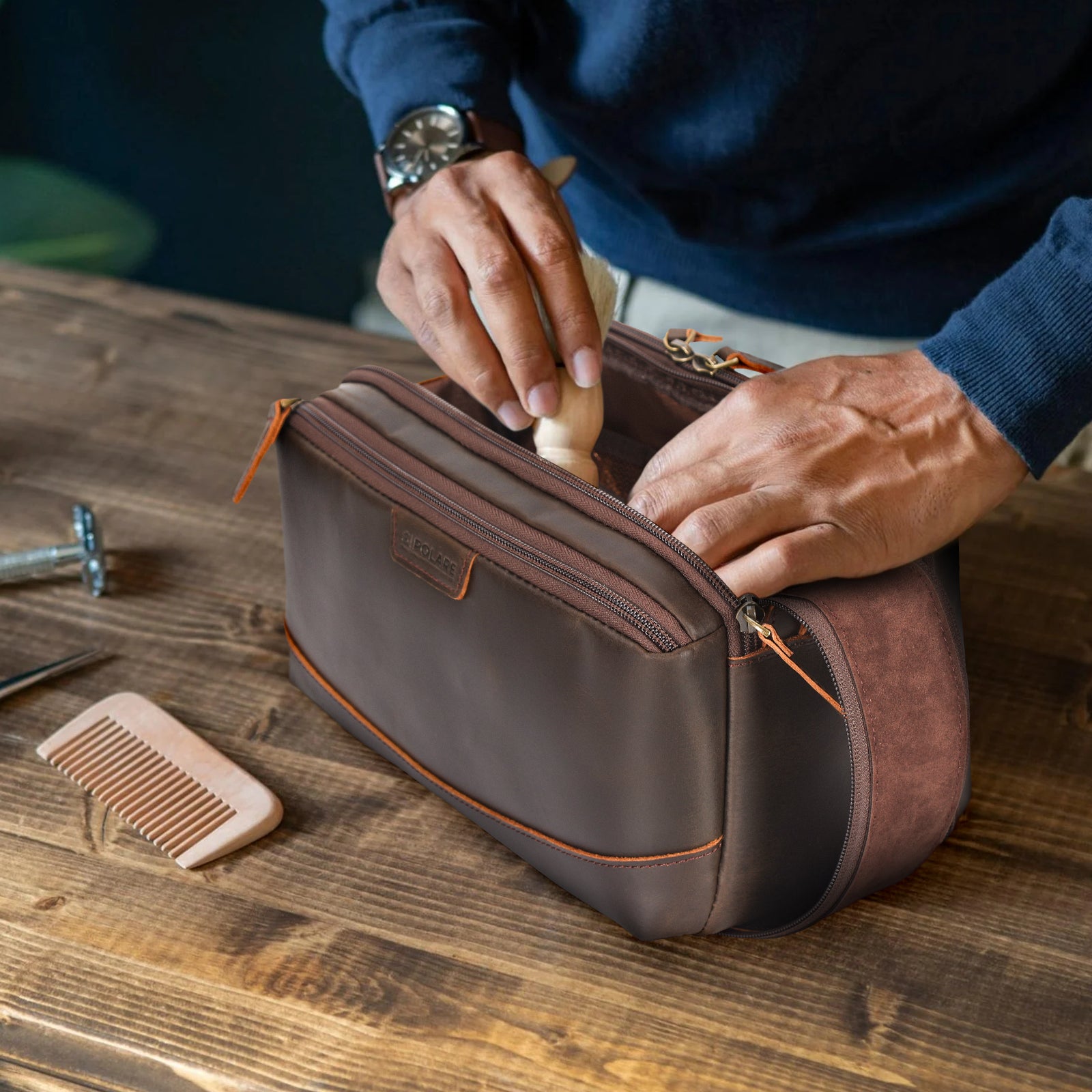 Mens leather toiletry bag on sale