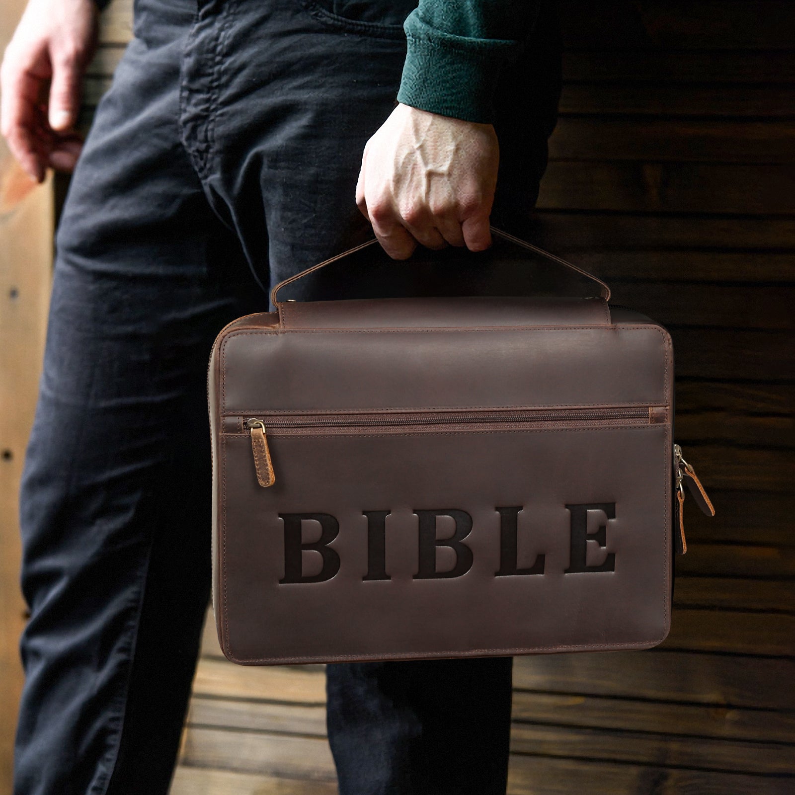 Full Grain Leather Bible Cover Church Bag Large Letter Bible Bag (Model Display)