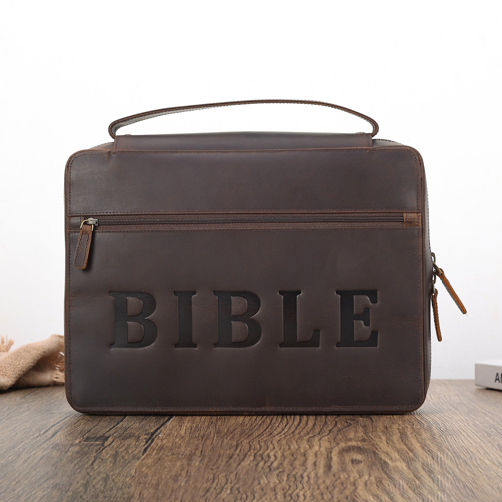 Full Grain Leather Bible Cover Church Bag Large Letter Bible Bag (Front)