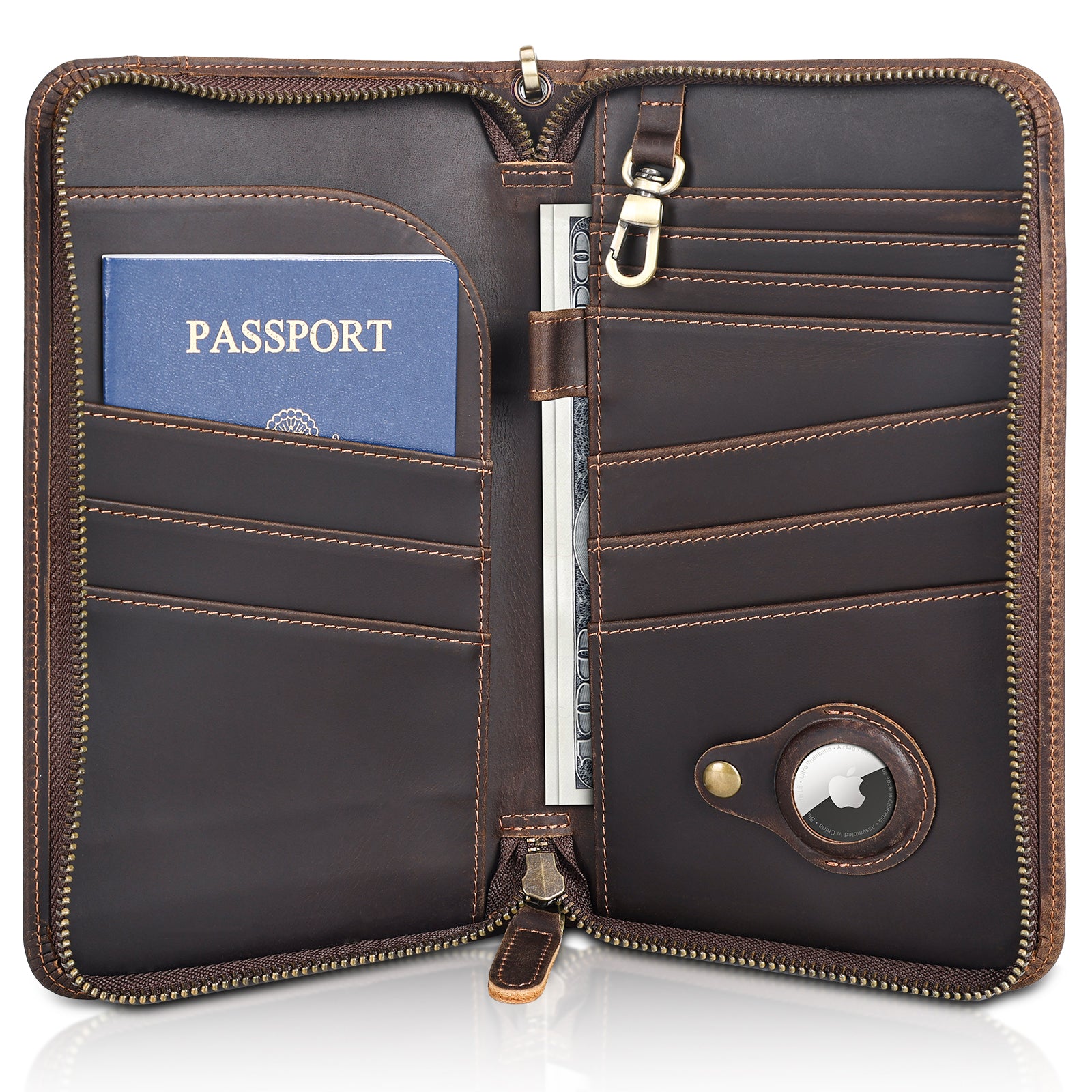 Full Grain Leather Family Travel Passport Wallet AirTag Slot (Dark Brown)