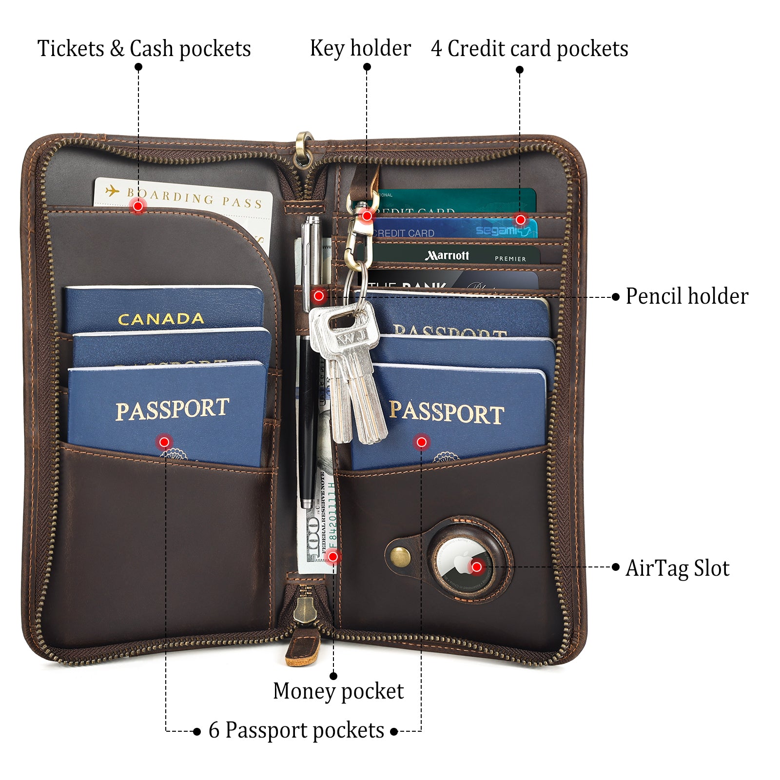 Full Grain Leather Family Travel Passport Wallet AirTag Slot (Inside)