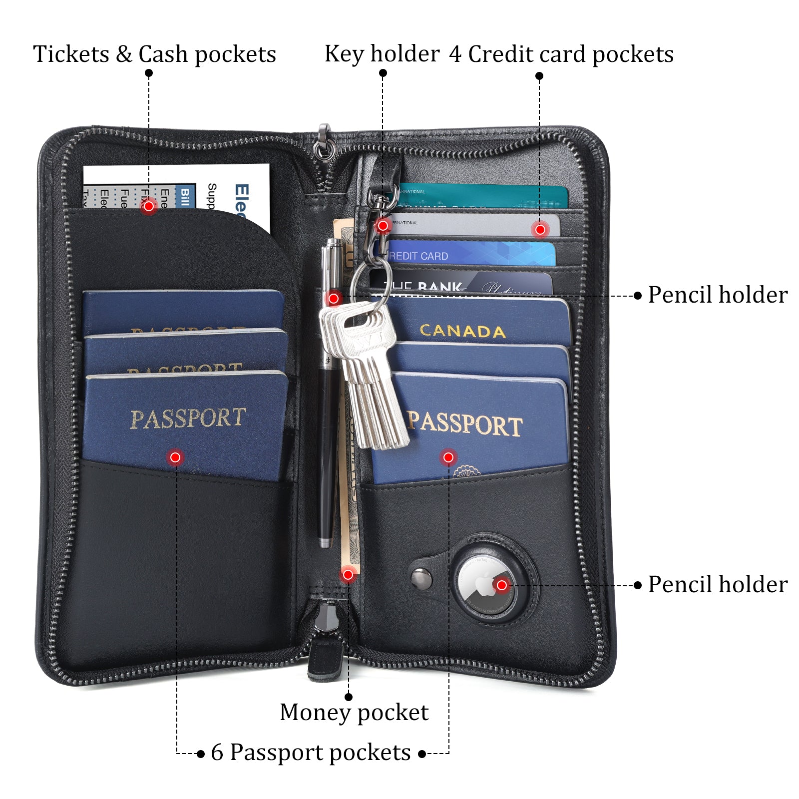 Full Grain Leather Family Travel Passport Wallet AirTag Slot (Inside)