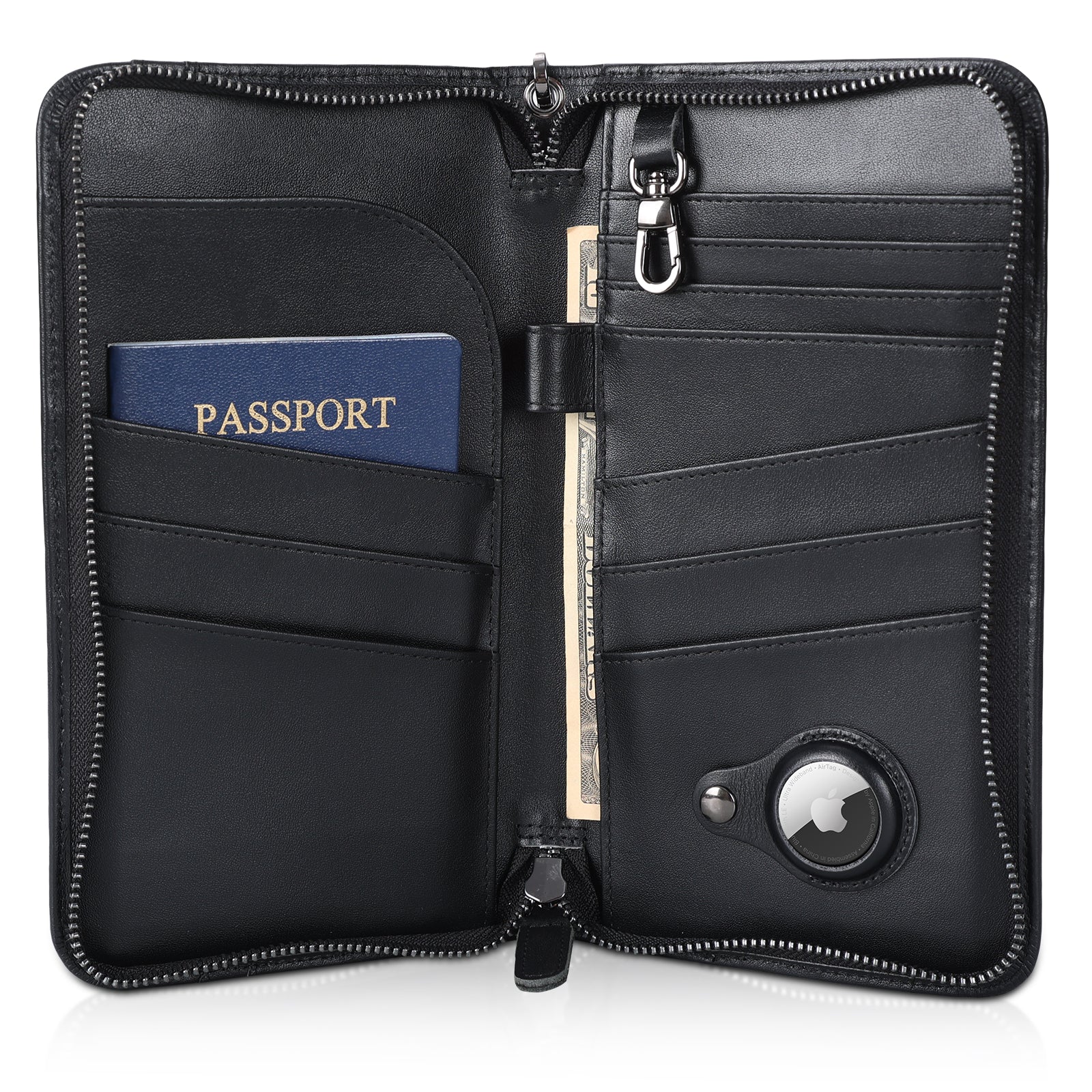 Full Grain Leather Family Travel Passport Wallet AirTag Slot (Black)