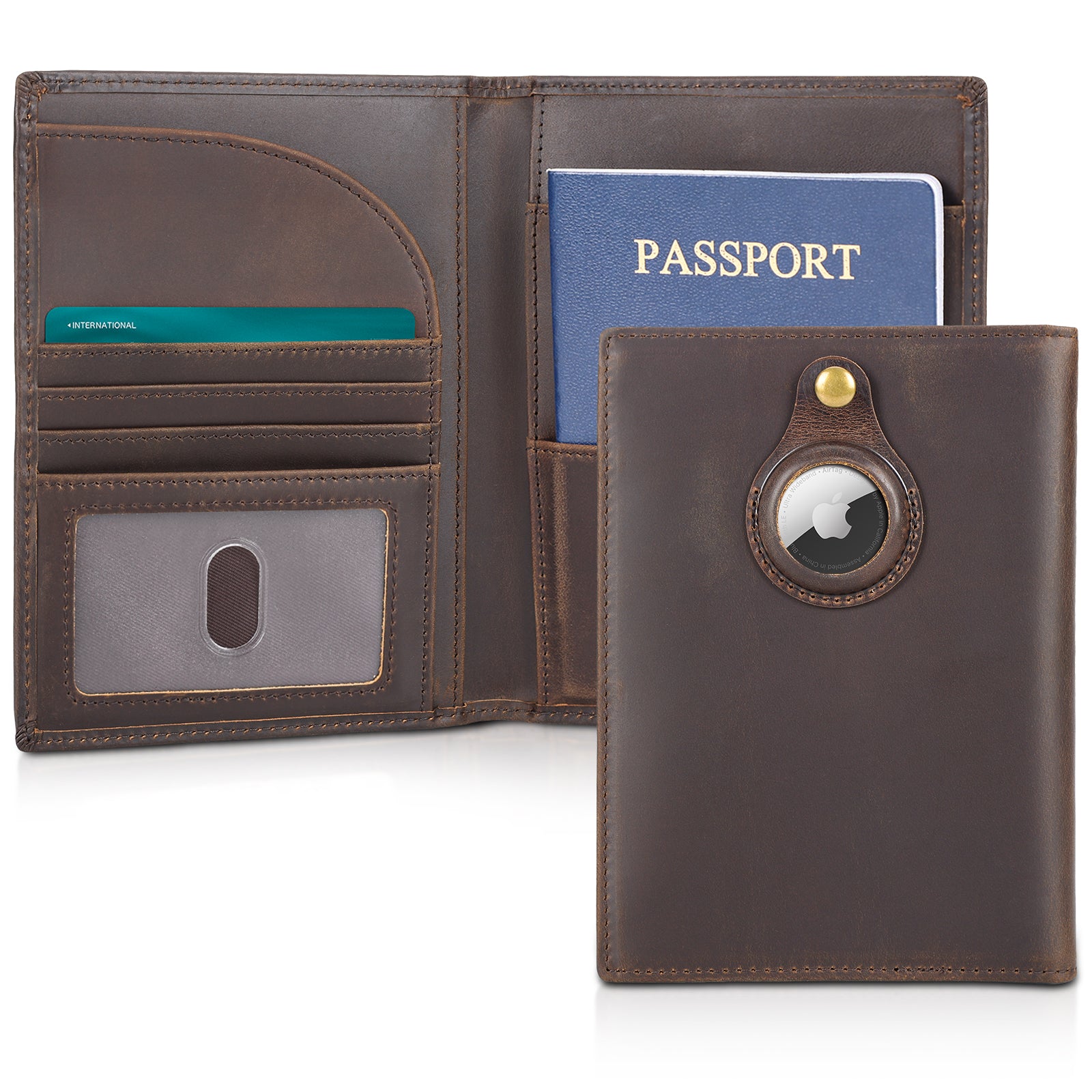 Full Grain Leather Passport Holder Wallet with AirTag Slot