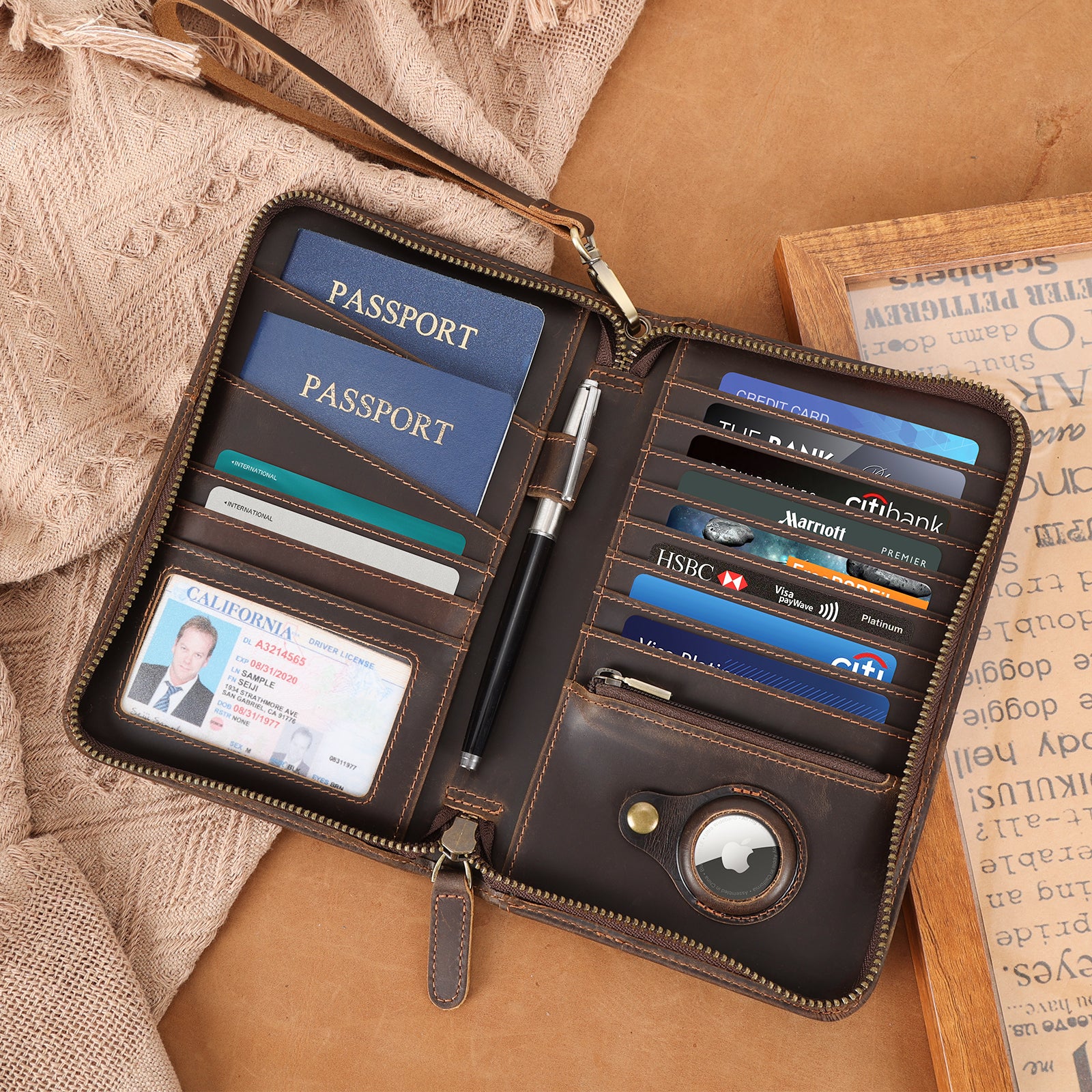 Leather Travel Passport Holder RFID Blocking with AirTag Slot (Scenario Shows)