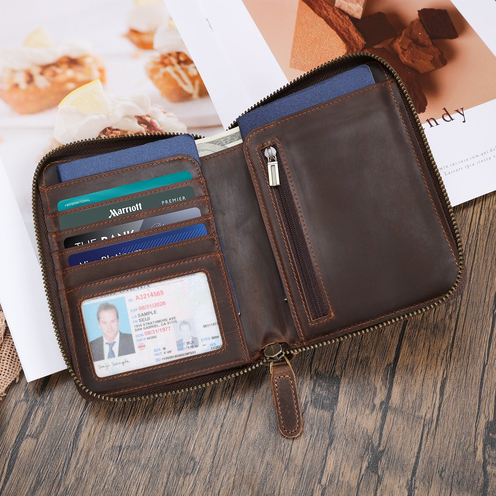 Polare Full Grain Leather Travel Passport Holder with YKK Zipper Pocke