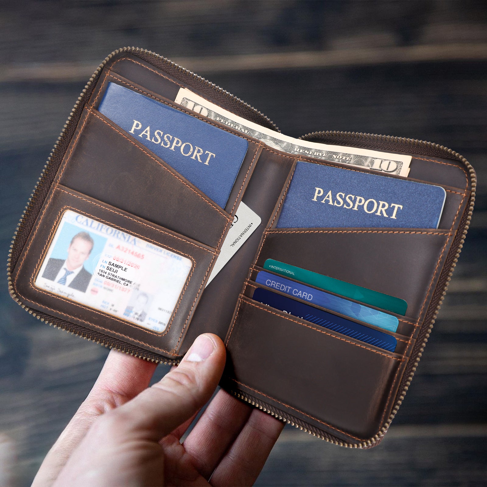 Full Grain Leather RFID Blocking Dual Passport Wallet (Model Display)