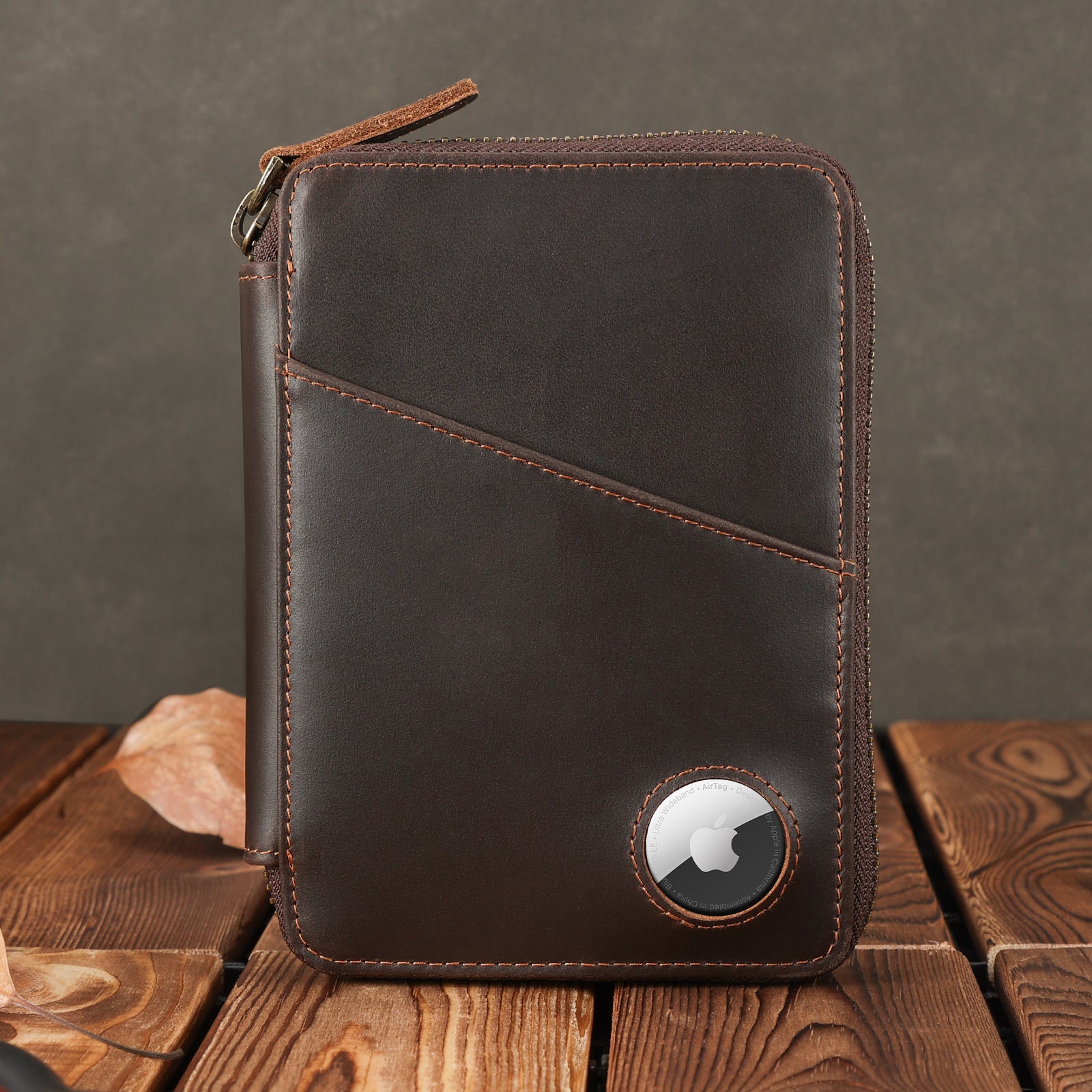 Full Grain Leather RFID Blocking Passport Wallet with AirTag Slot (Scenario Shows)