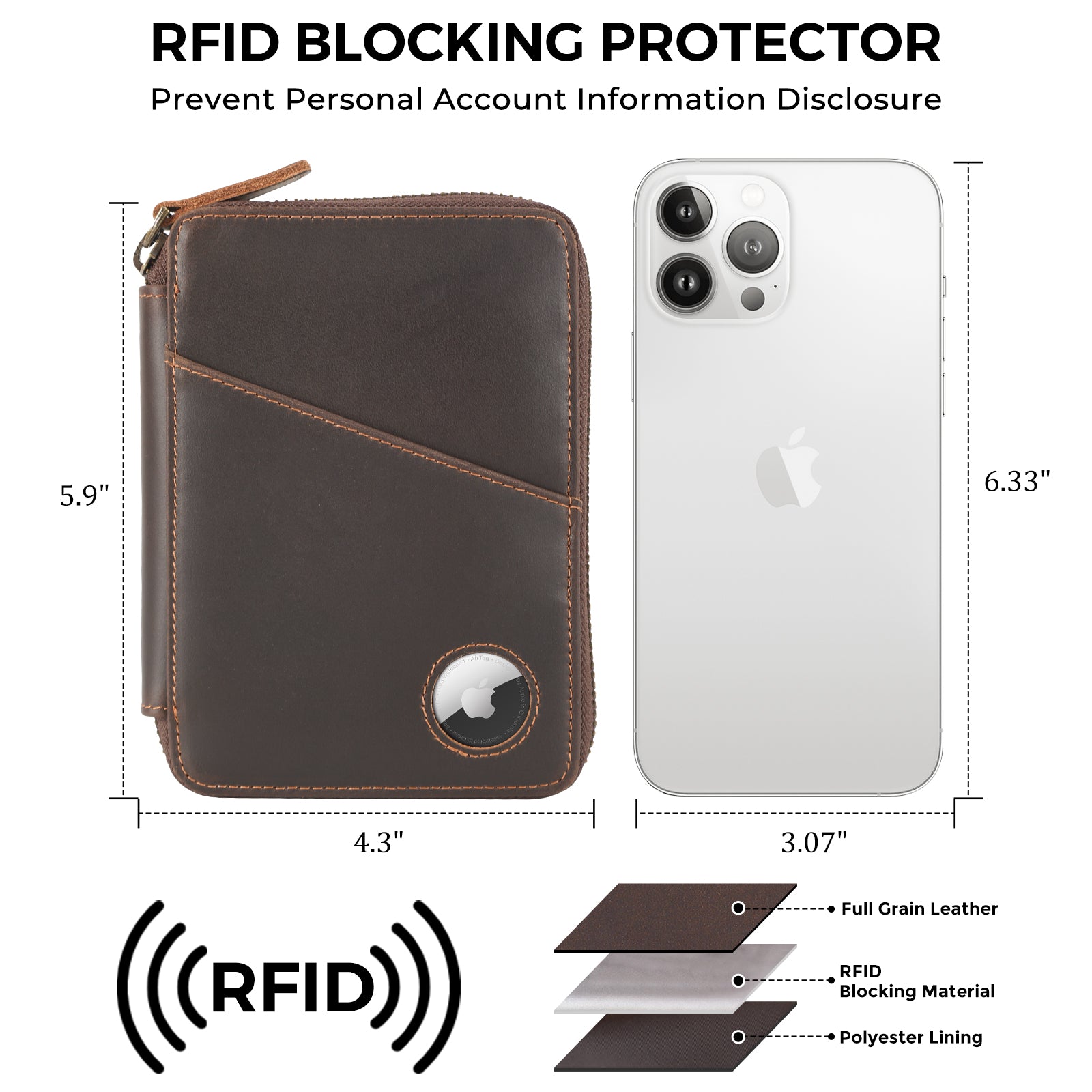 Full Grain Leather RFID Blocking Passport Wallet with AirTag Slot (Dimension)