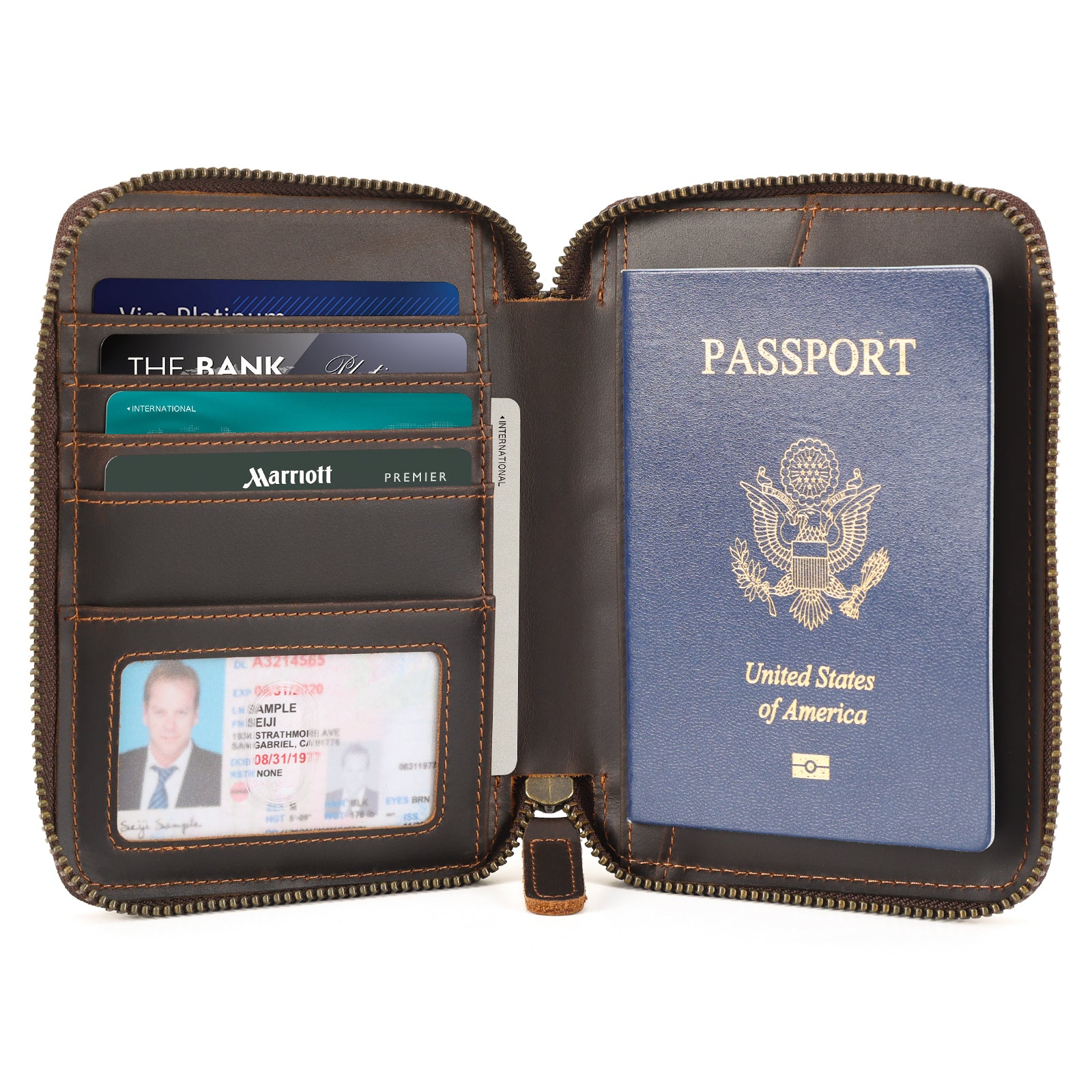 Full Grain Leather RFID Blocking Passport Wallet with AirTag Slot (Inside)