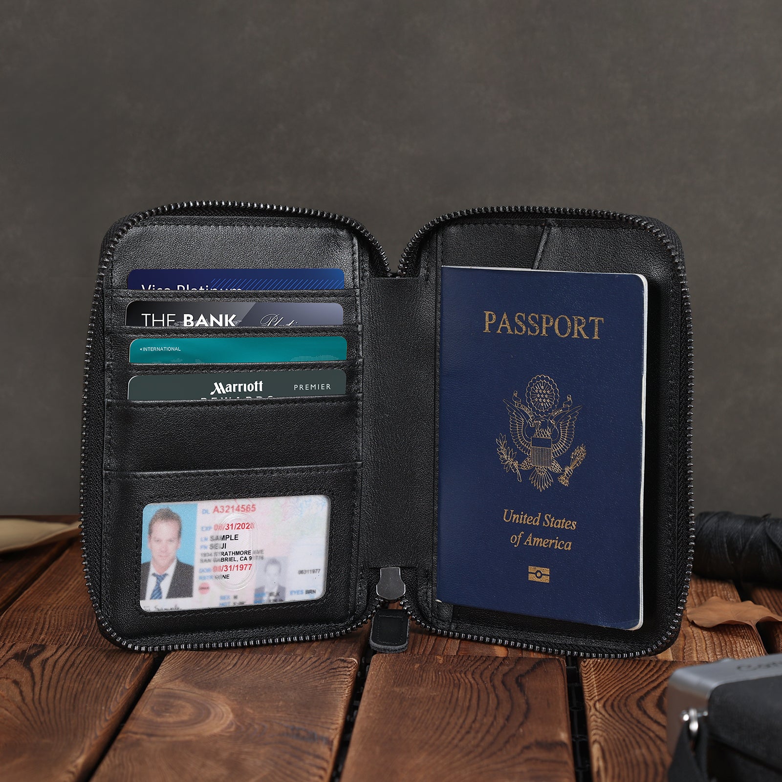 Full Grain Leather RFID Blocking Passport Wallet with AirTag Slot (Scenario Shows)