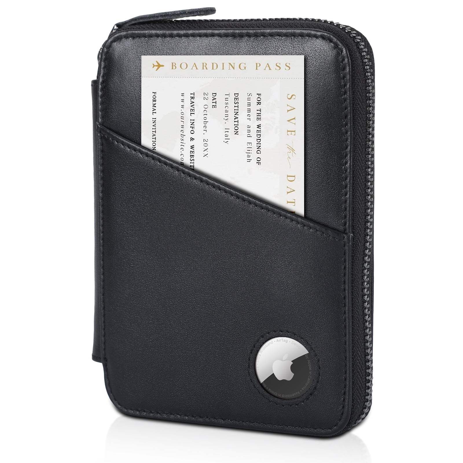 Full Grain Leather RFID Blocking Passport Wallet with AirTag Slot (Black)