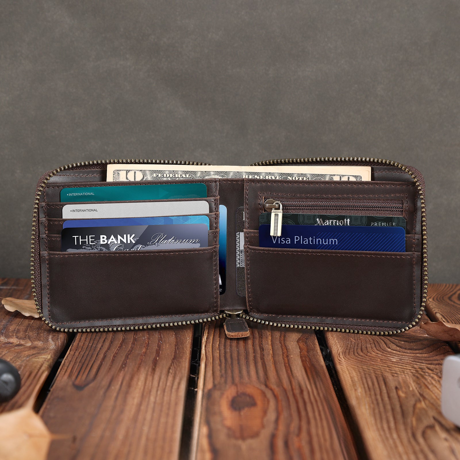 Full Grain Leather Bifold Wallet for Men RFID Blocking with AirTag Slot (Scenario Shows)