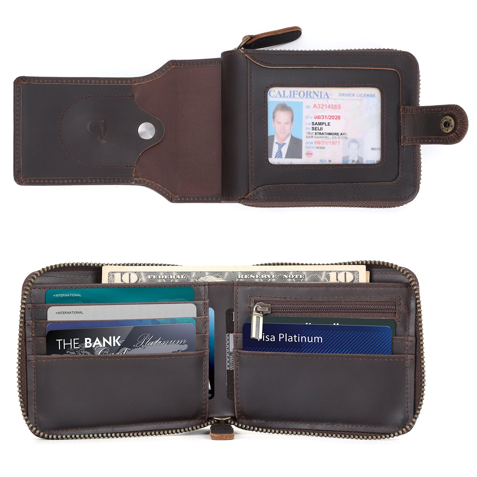 Full Grain Leather Bifold Wallet for Men RFID Blocking with AirTag Slot (Inside)