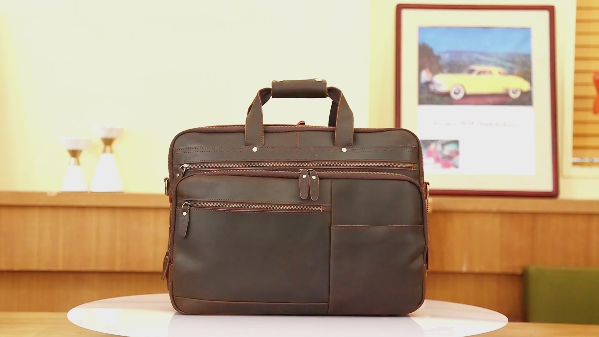 Mens Leather Laptop Briefcase Full Grain Leather Office Bag For