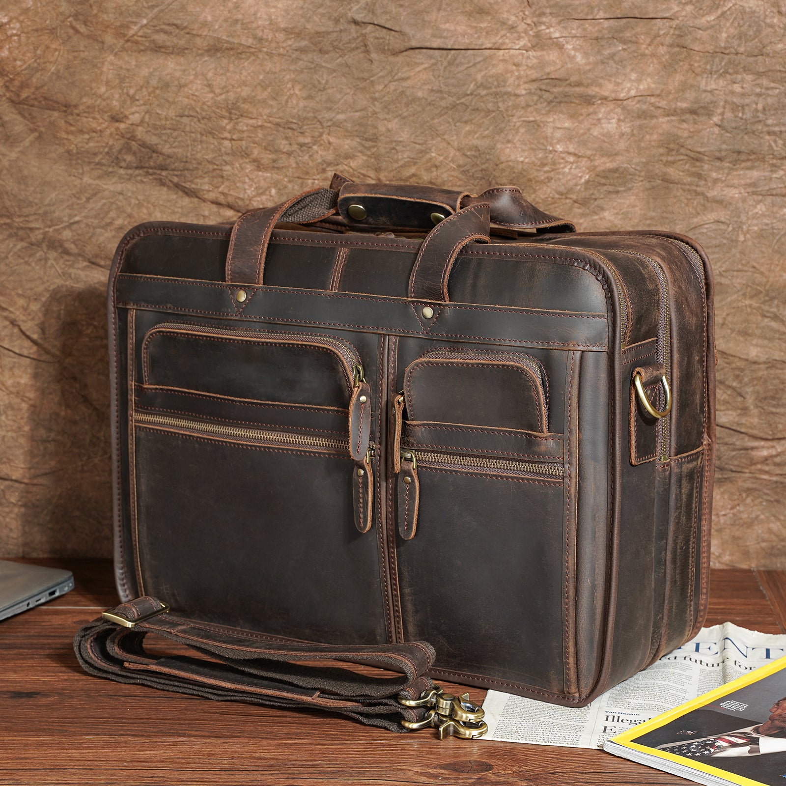 Polare 17 Full Grain Leather Briefcase Laptop Attache Case Messenger Bag For Men Fits 15.6 Laptop