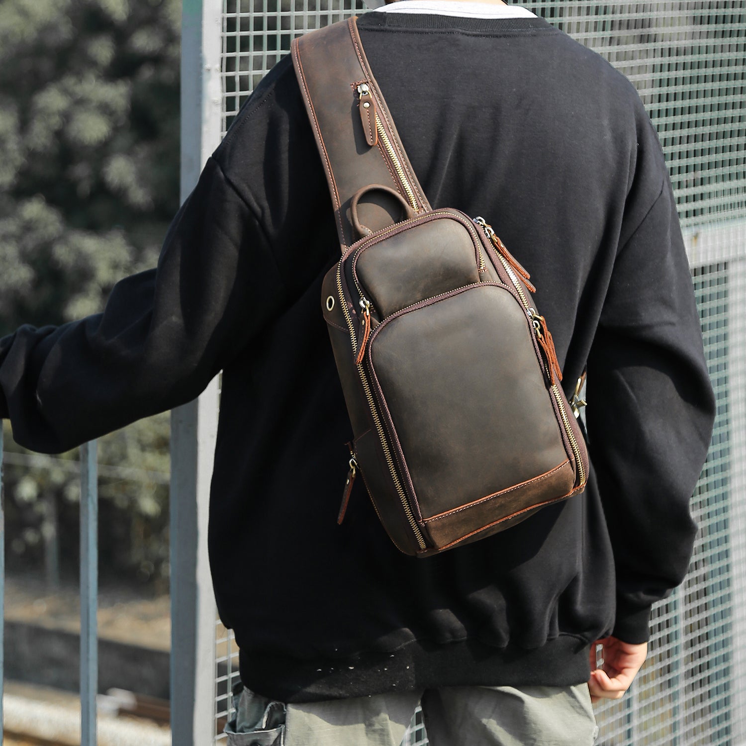 Tan Leather Sling Backpack Shoulder Bag Men. Single Strap 