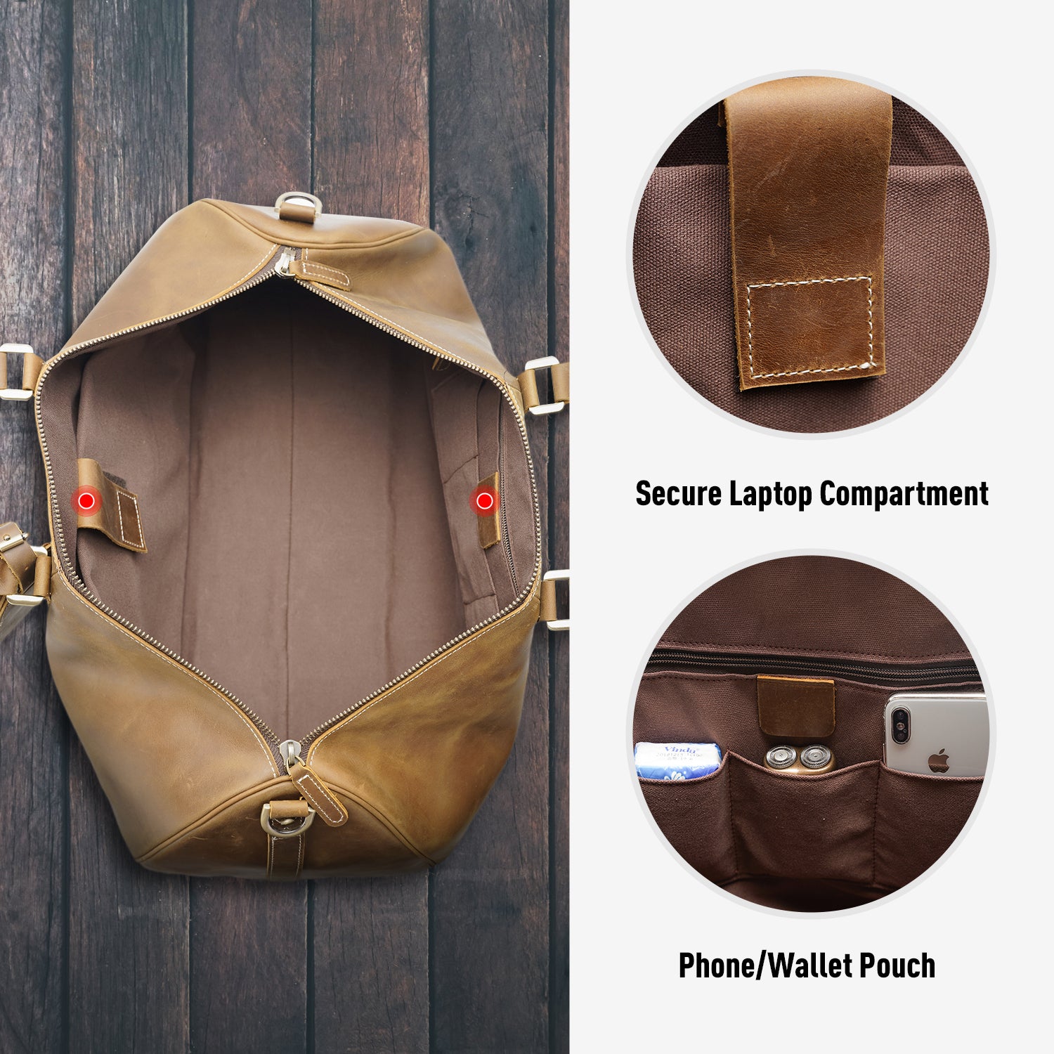 Leather duffle bag with laptop outlet compartment