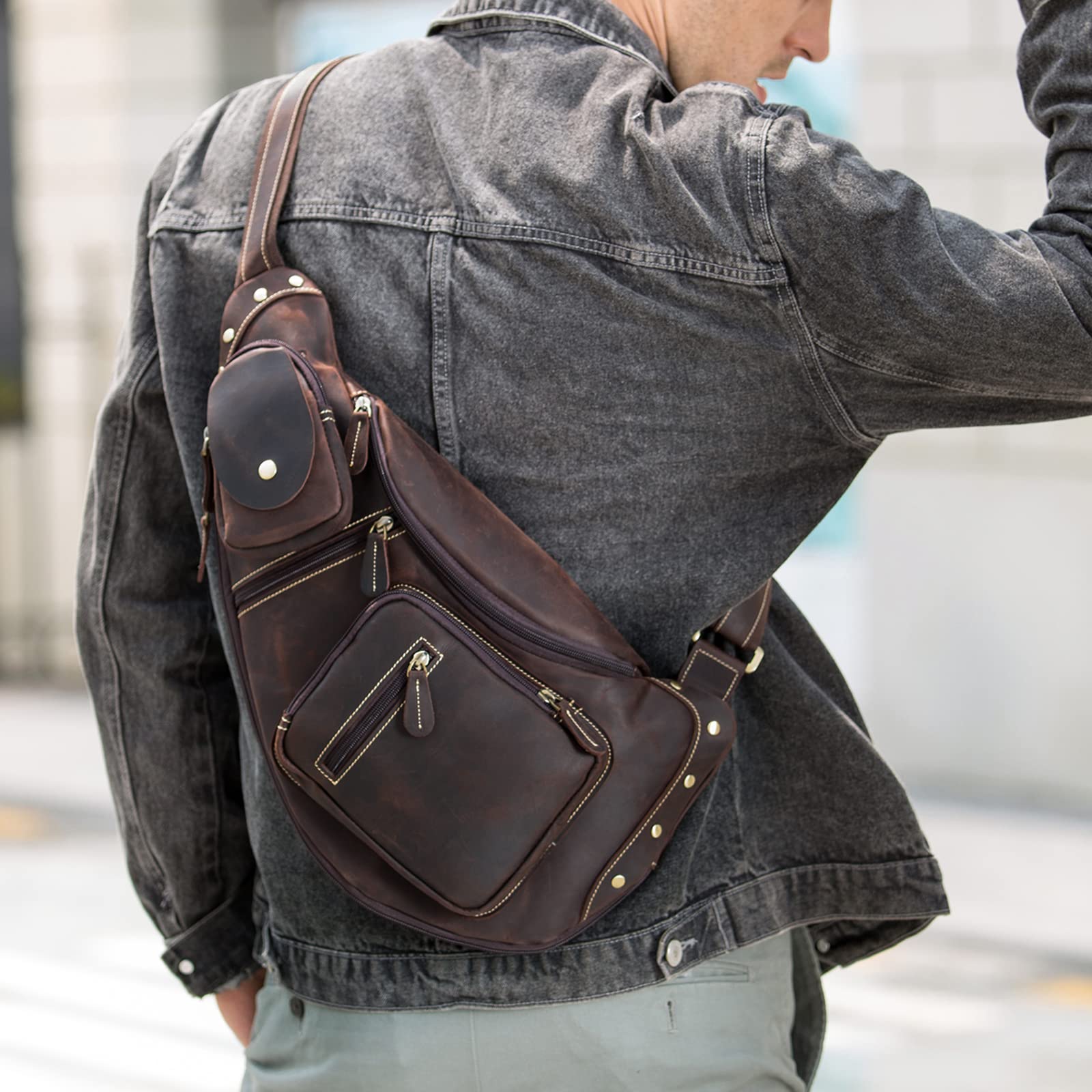Cool Leather Mens Chest Bag Sling Bag Sling Crossbody Bag Travel Sling