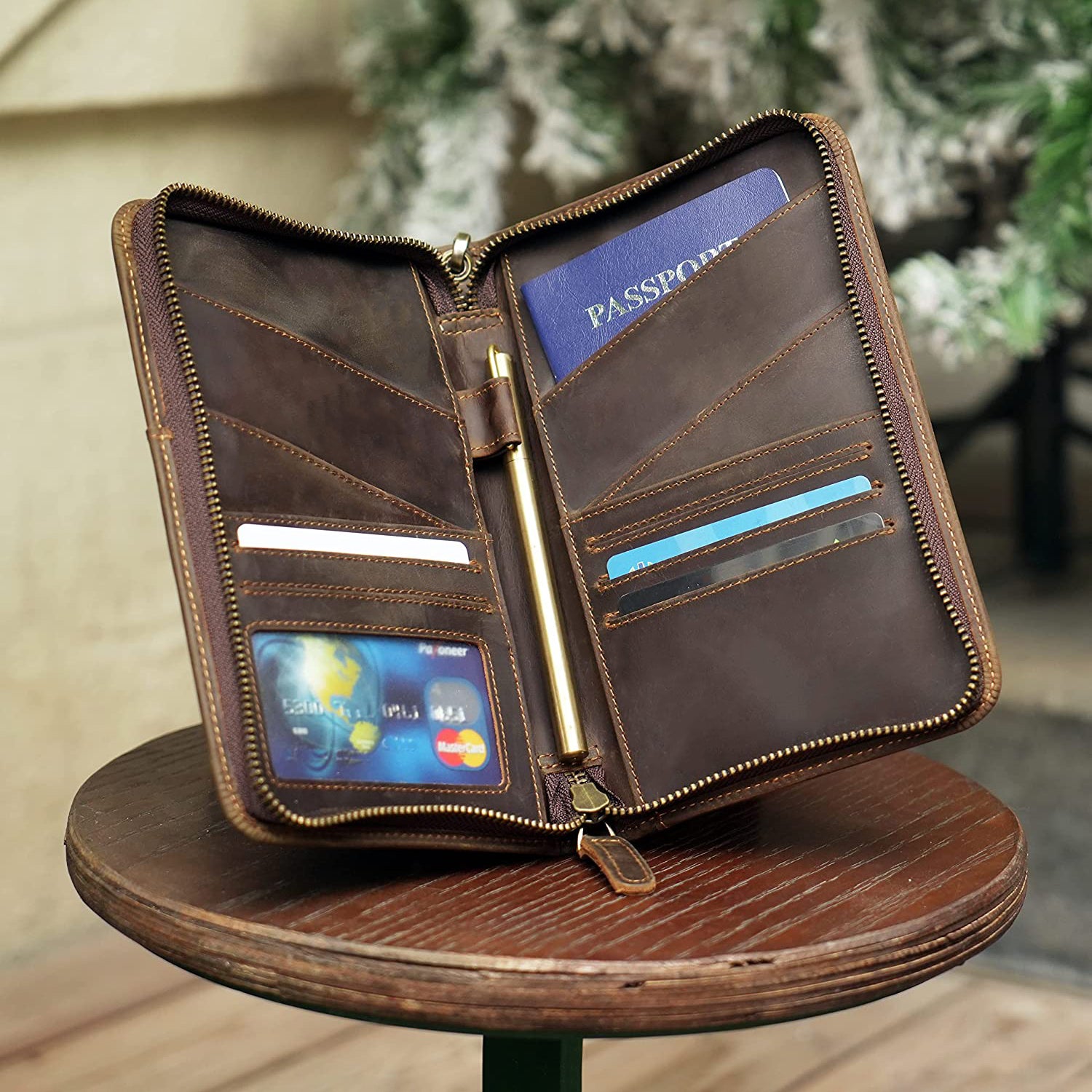 Leather Passport Wallet Brown with Forest Green