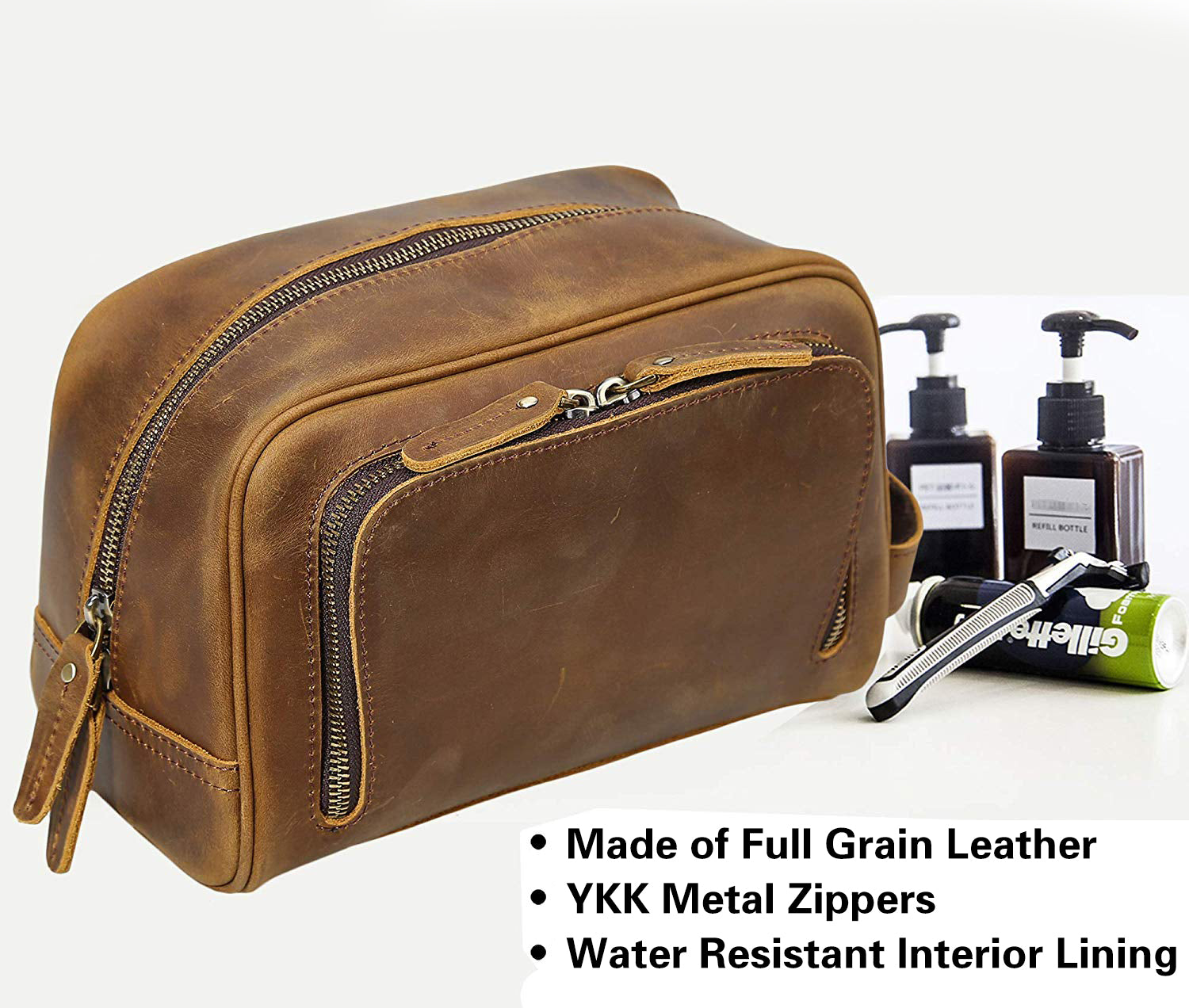 Hand made leather store toiletry travel bag