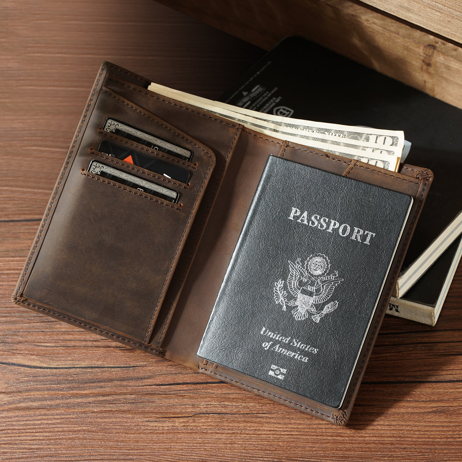 Polare Full Grain Leather Passport Holder Cover Case for Men RFID Bloc