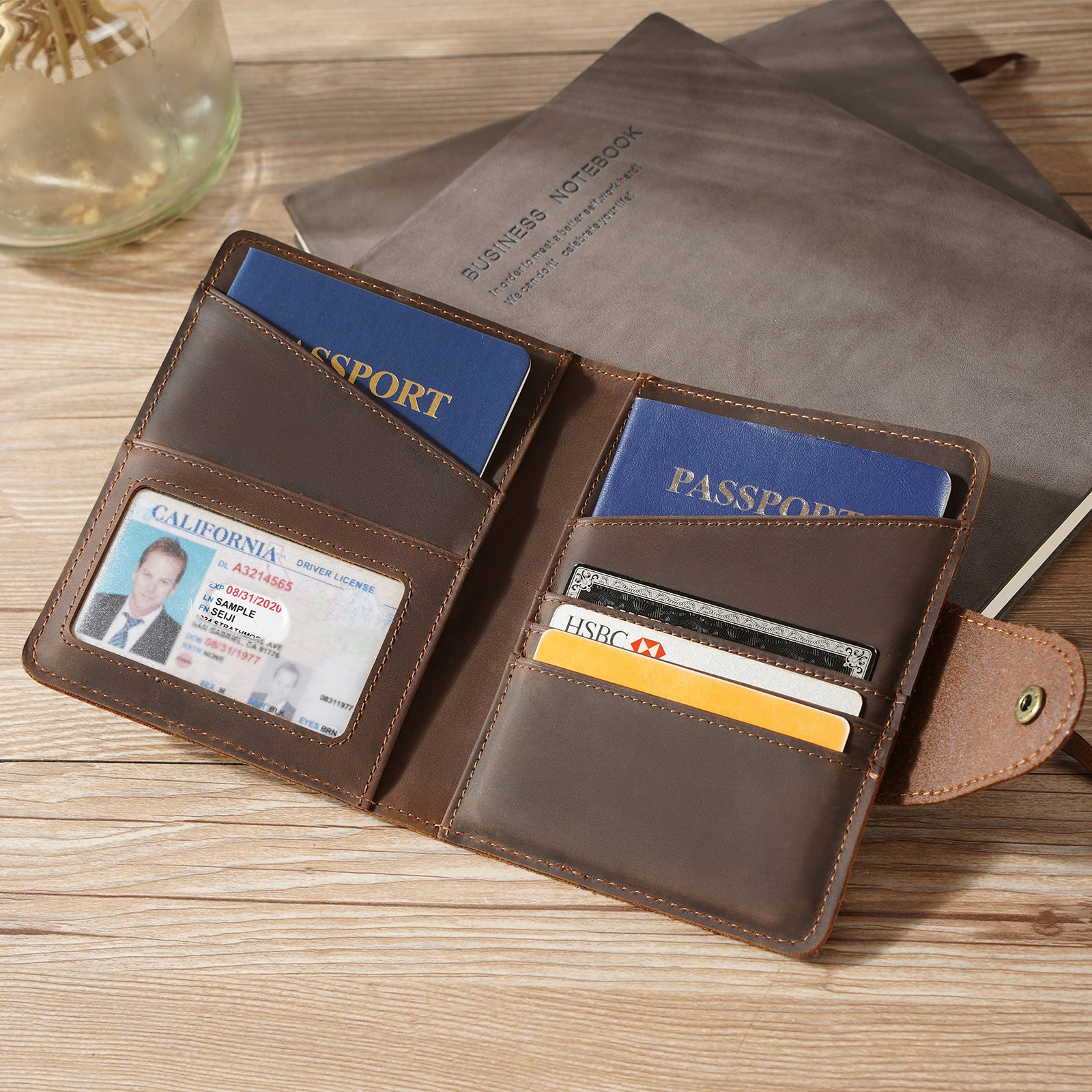 Polare Full Grain Leather Passport Holder RFID Blocking Travel Bifold Wallet Passport Holders 2 Passports Dark Brown